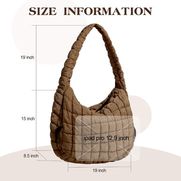 Women's Brown Lightweight Cotton Puffy Quilted Hobo Bag Retro Soft Shoulder Bag - Picture 7 of 7
